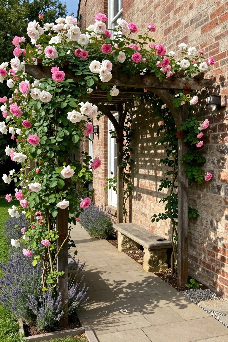 Pink and white roses on wooden pergola above stone bench by brick wall