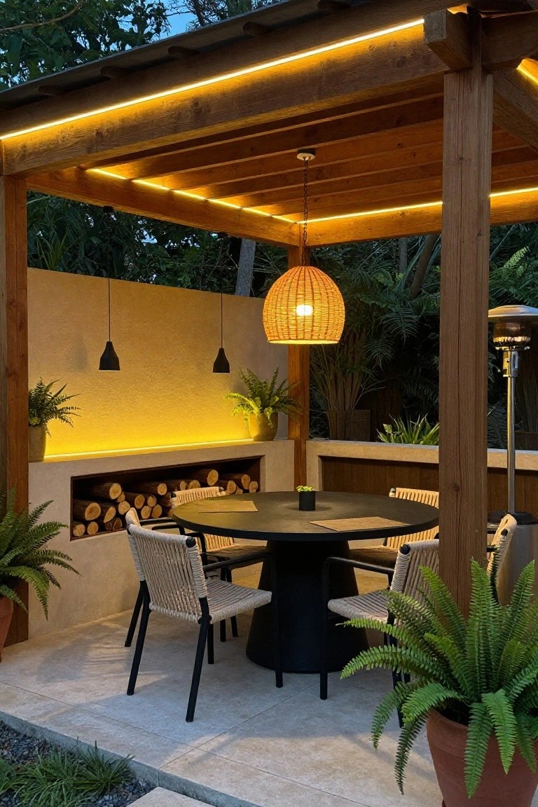 Wooden pergola with LED strip lights along the beams and a woven pendant light above a round outdoor dining table.