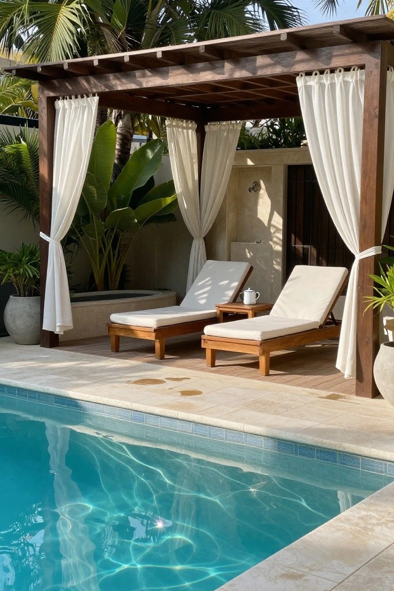 A wooden pergola with white curtains shades two lounge chairs next to a swimming pool.