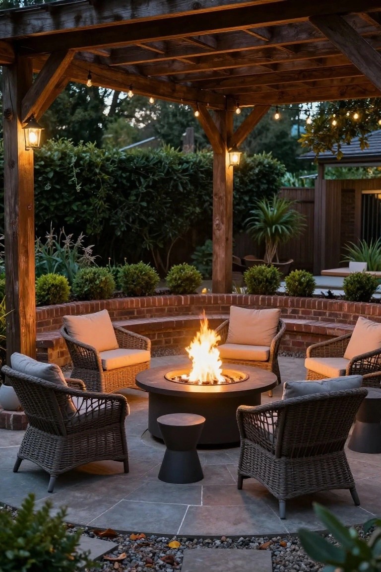 A wooden pergola shades a stone patio with a round fire pit, wicker armchairs, and a curved brick wall.