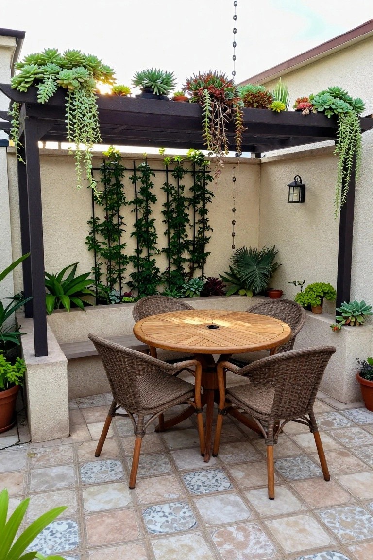 A dark wooden pergola with trailing succulents shades a round wooden table and four wicker chairs on a tiled patio next to a stucco wall with a vertical garden.