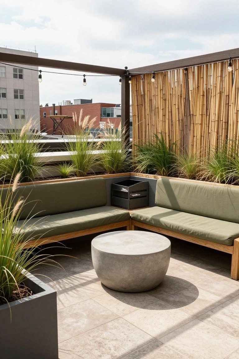 Rooftop patio corner with wooden L-shaped bench seating, green cushions, round concrete table, pergola with string lights, and bamboo privacy screen with tall grasses.