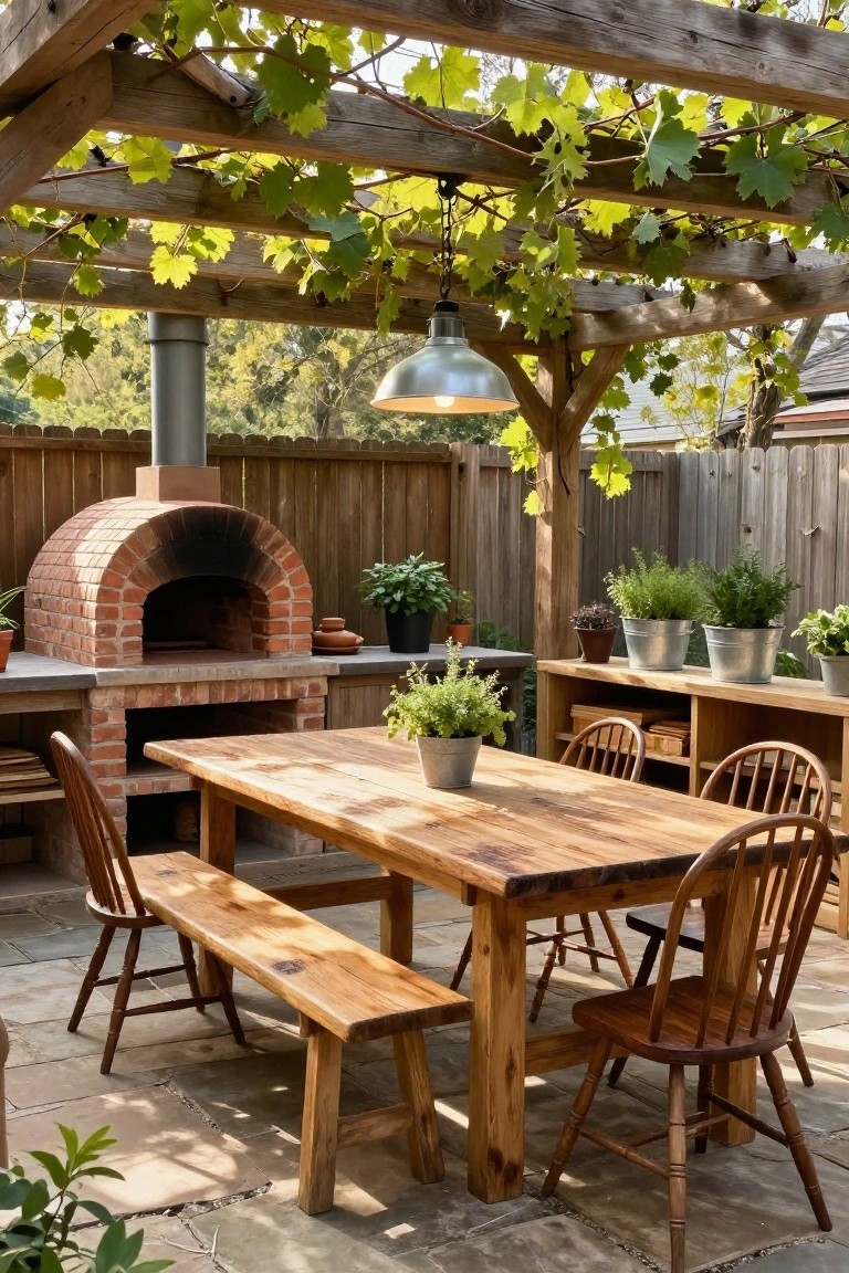 A wooden pergola with climbing vines shades a long wooden dining table and chairs beside a brick pizza oven on a stone patio.