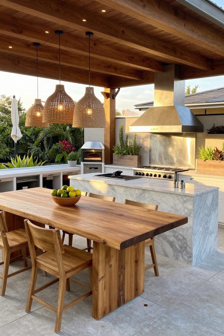 Outdoor wooden dining table with chairs facing marble kitchen island and woven lights