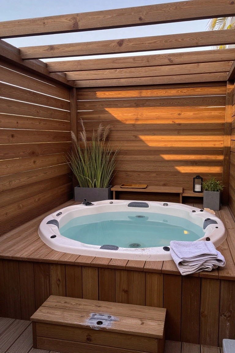 Modern hot tub with blue water on wooden deck amid plants and sunlight shadows