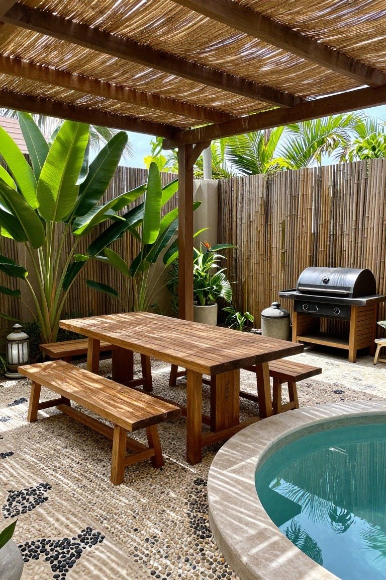 A wooden pergola with a thatched roof shades a long dining table with benches on a pebble patio next to a small pool.