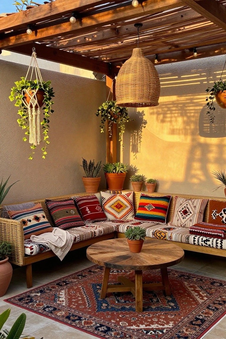 A wooden pergola shades an L-shaped outdoor bench with colorful patterned cushions, a round wooden coffee table, and several potted plants on a patio.