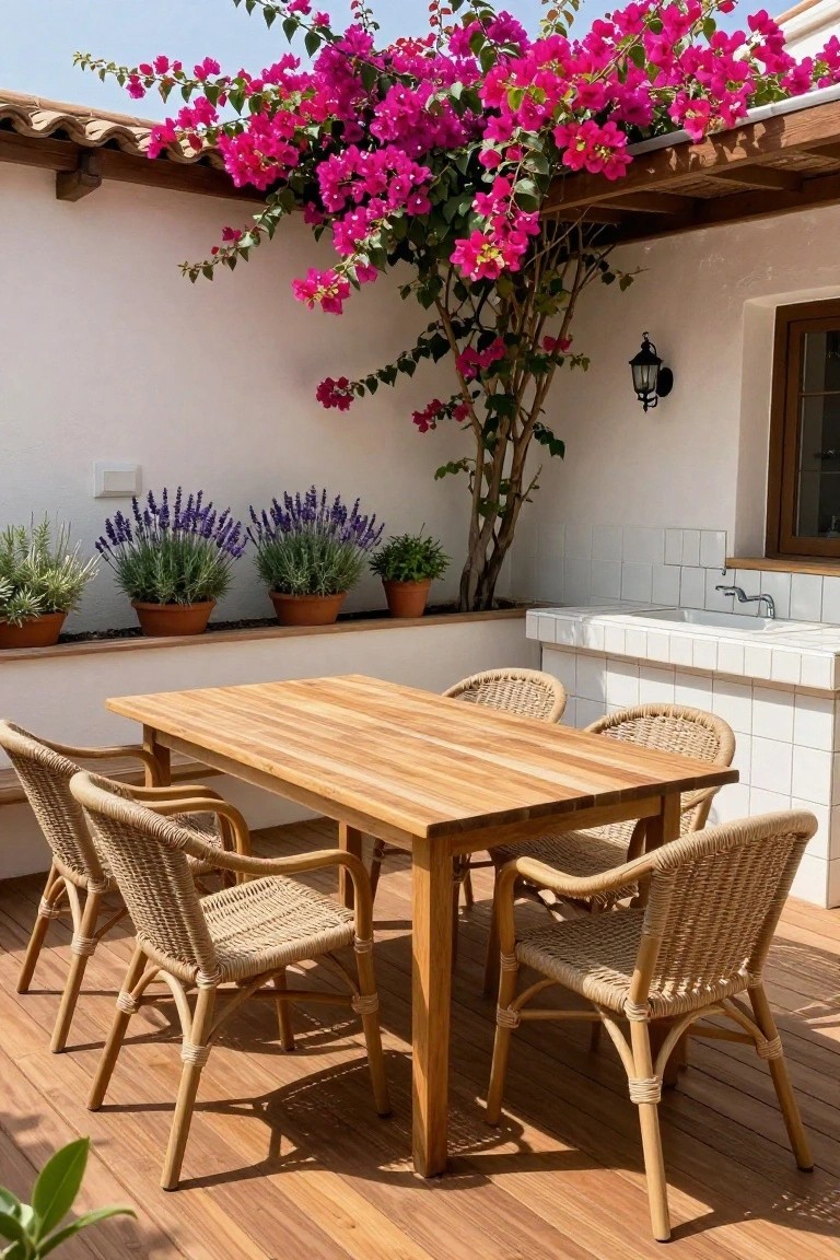 A rectangular wooden dining table with woven chairs sits on a wooden deck beside potted plants and a large flowering tree.