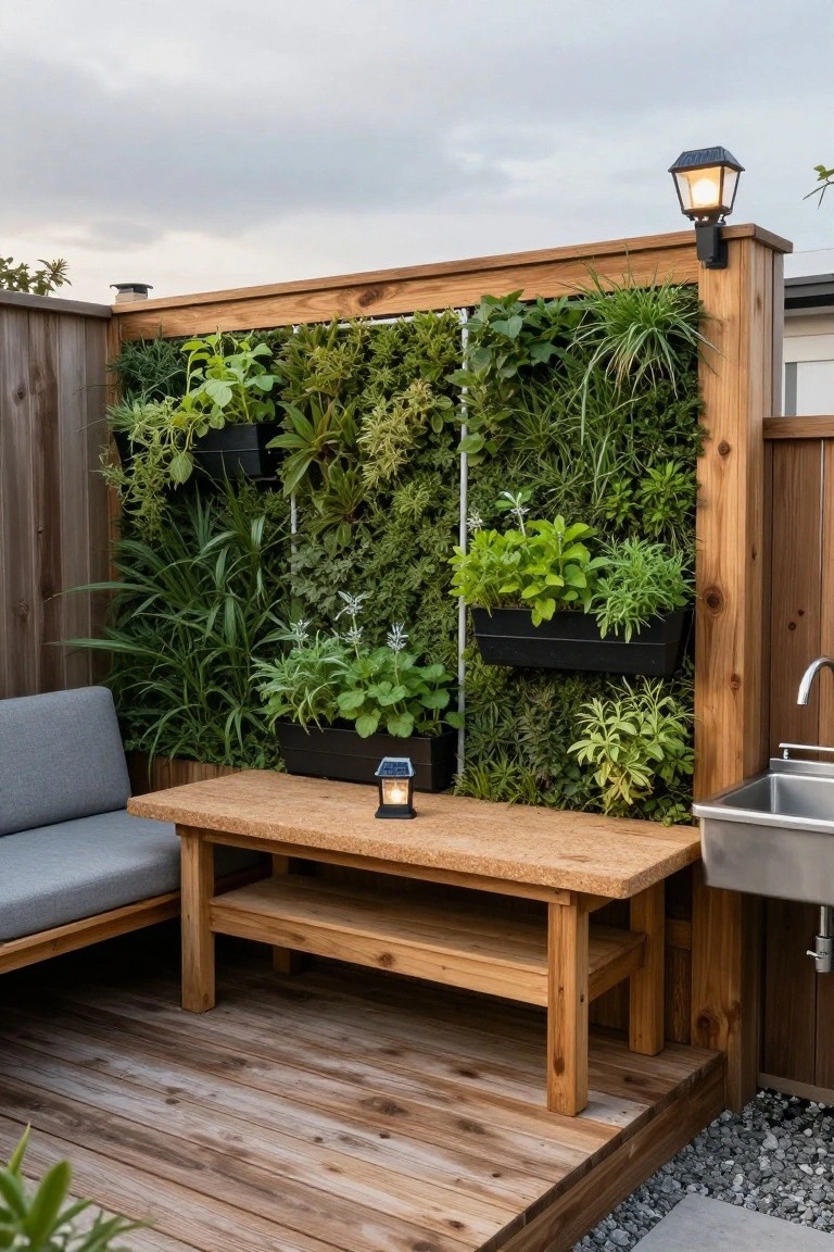 Wooden deck with vertical garden wall, bench, table, sink, and outdoor lights