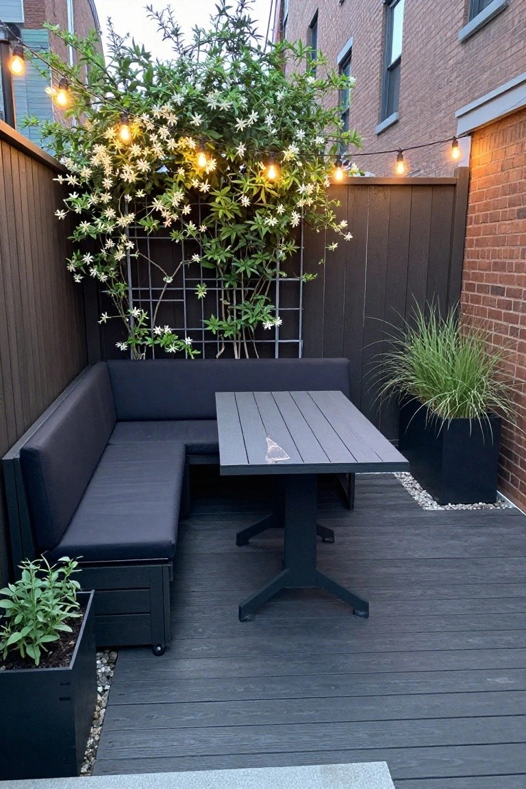Dark patio with L-shaped bench, table, string lights, and flowering trellis on brick wall