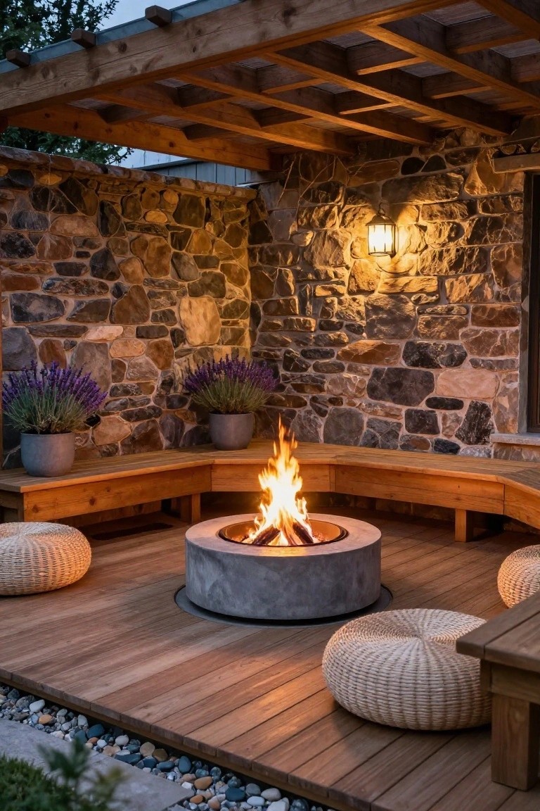 A wooden deck patio featuring a central concrete fire pit surrounded by curved built-in wooden benches, with potted plants along a stone wall and woven seating poufs nearby.