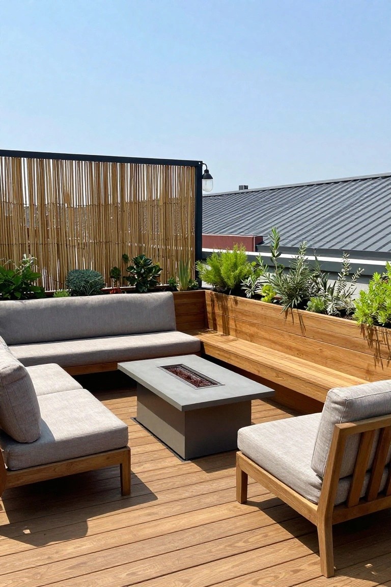 Rooftop wooden deck with L-shaped built-in bench seating, concrete fire pit table, and planters along the perimeter with a bamboo screen behind.