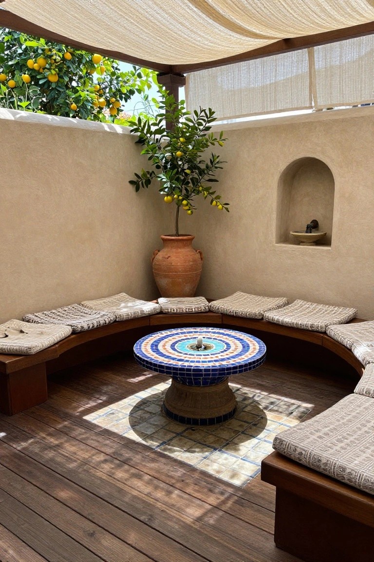 A wooden patio with curved built-in benches around a central mosaic fountain and a large potted citrus tree under shade cloth.