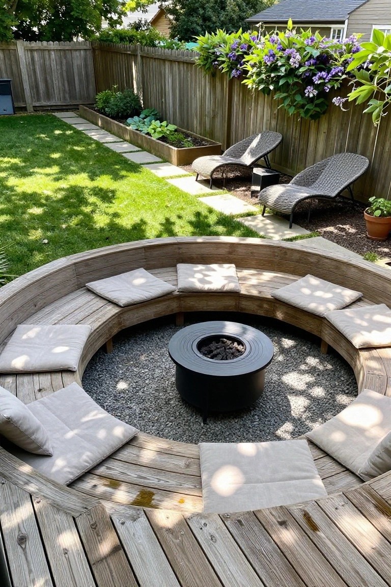 Circular wooden benches with gray cushions around black fire pit in sunny backyard