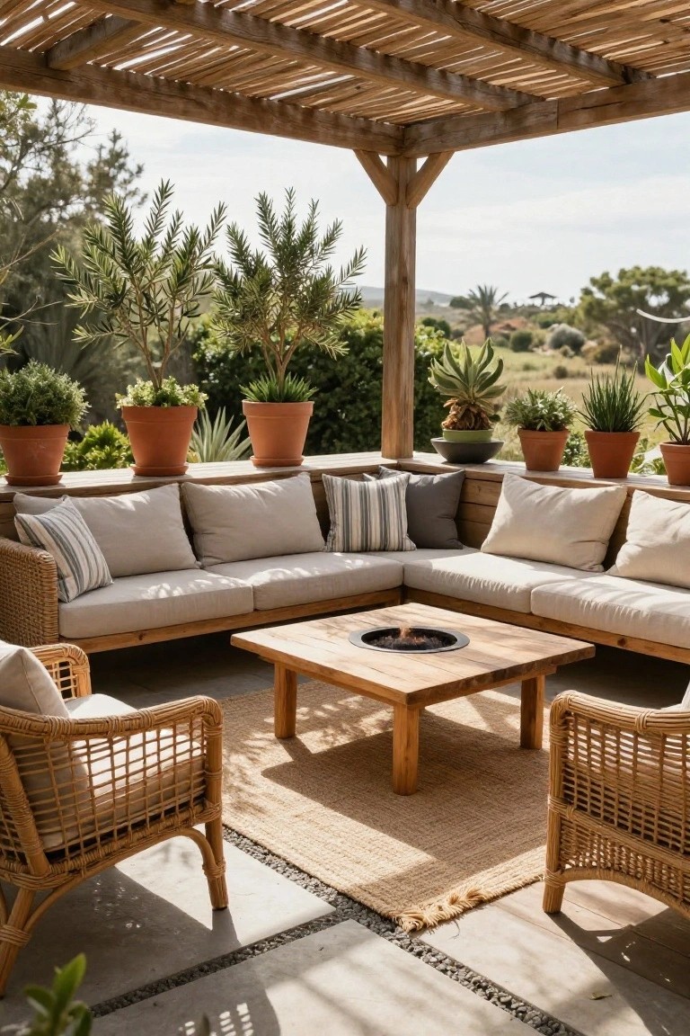 A wooden patio under a pergola features L-shaped built-in bench seating with cushions, a central wooden table with a fire pit, two rattan chairs, and several potted plants along the back wall.