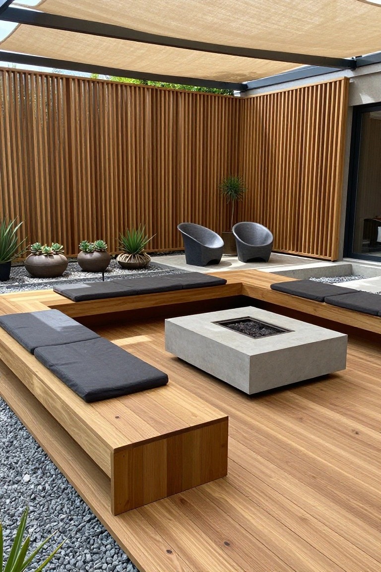 Wooden patio with built-in benches arranged around a square concrete fire pit under a shade sail.