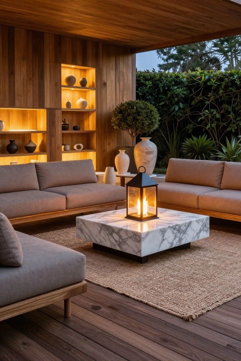 An outdoor wooden patio with built-in illuminated shelving on the back wall, two sofas facing a marble coffee table topped with a lit lantern, and a woven rug on the deck.