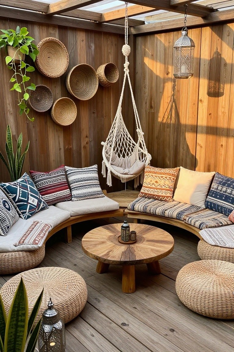 A wooden patio with a curved built-in bench lined with patterned cushions, a round wooden coffee table in the center, woven poufs, hanging lanterns, and a macrame hammock chair against a wood wall.