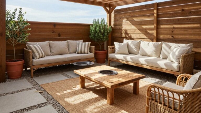 21 Beautiful Wooden Patio Ideas for Relaxing Outdoor Living Spaces A wooden patio under a pergola features L-shaped built-in bench seating with cushions, a central wooden table with a fire pit, two rattan chairs, and several potted plants along the back wall.