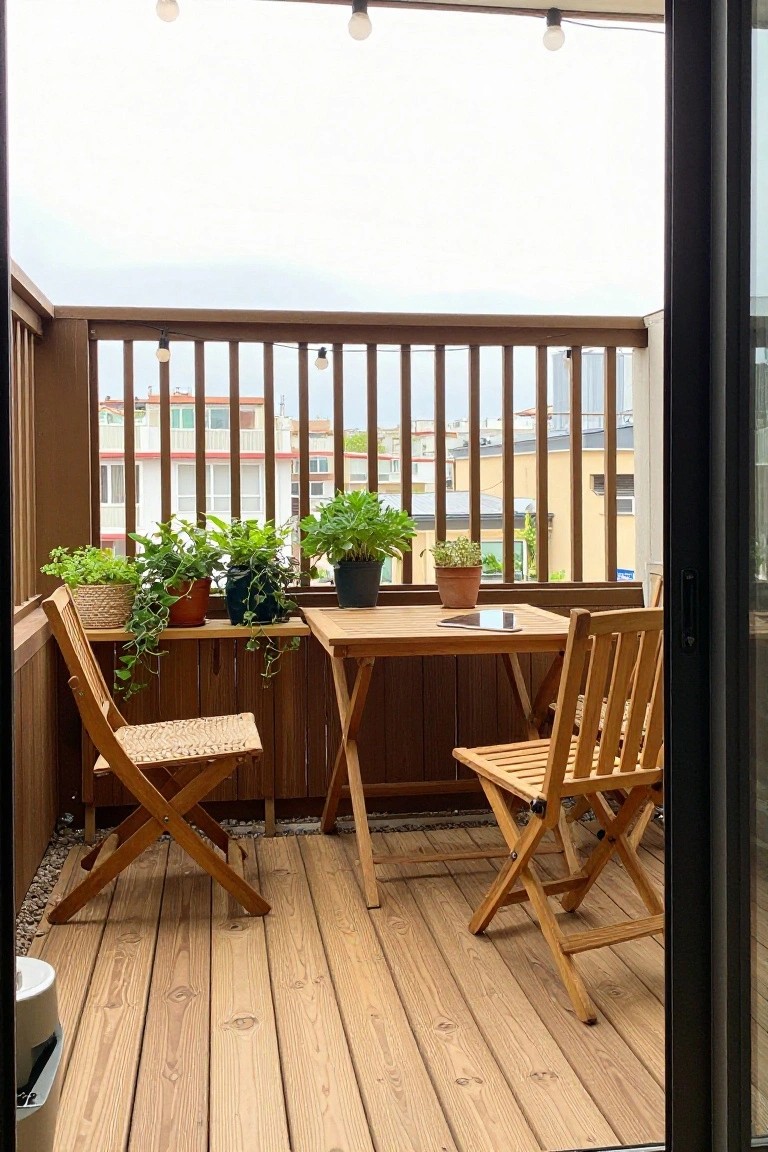 Wooden balcony with folding table, chairs, potted plants, string lights, and city view