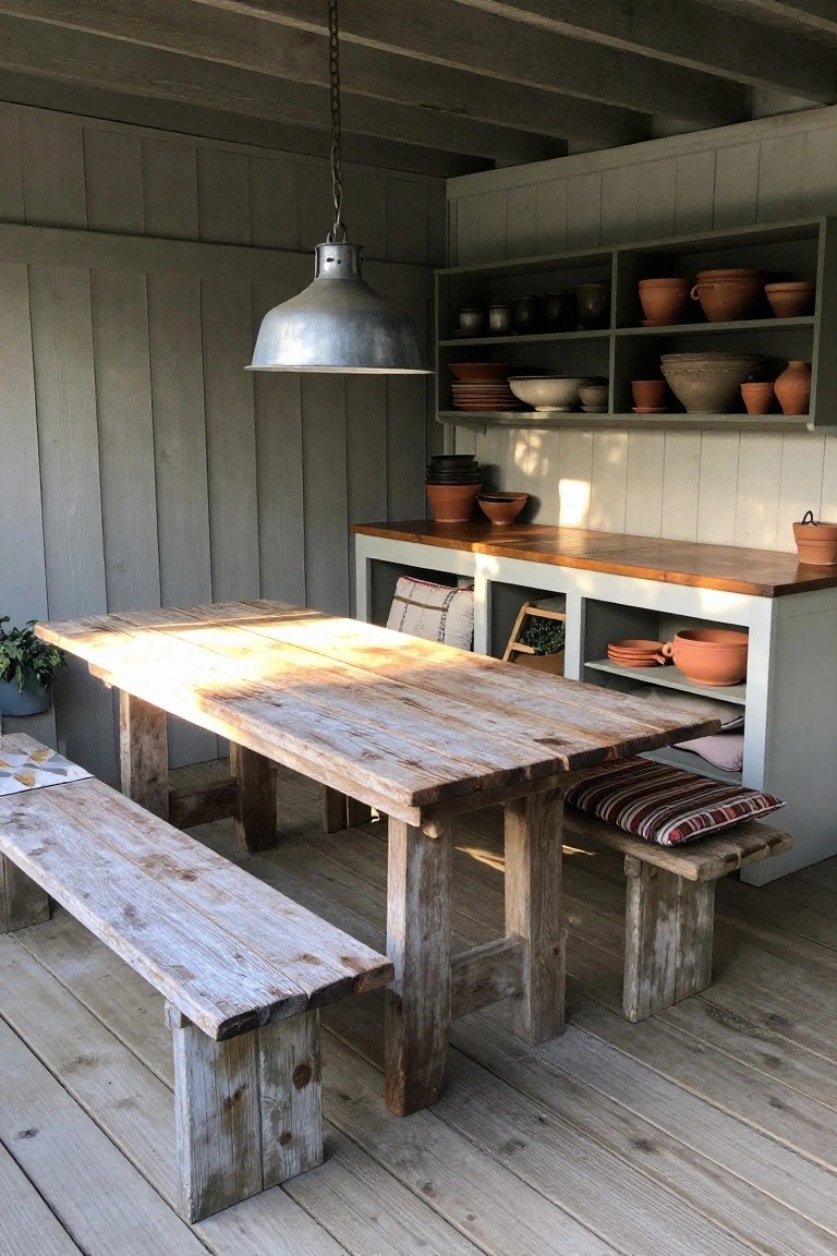 A long rustic wooden table with benches sits on a covered wooden deck beside open shelving filled with pottery.