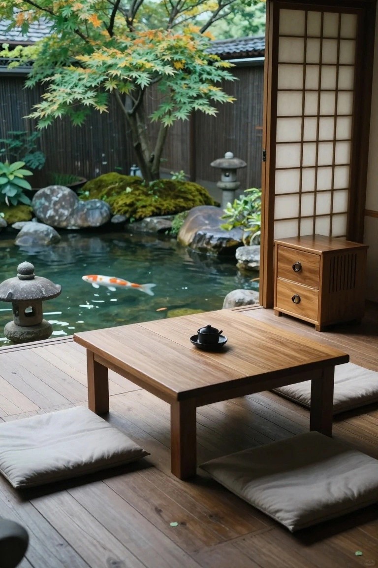 A wooden deck with a low table, floor cushions, and shoji screen door overlooks a garden pond with a koi fish, rocks, and trees.