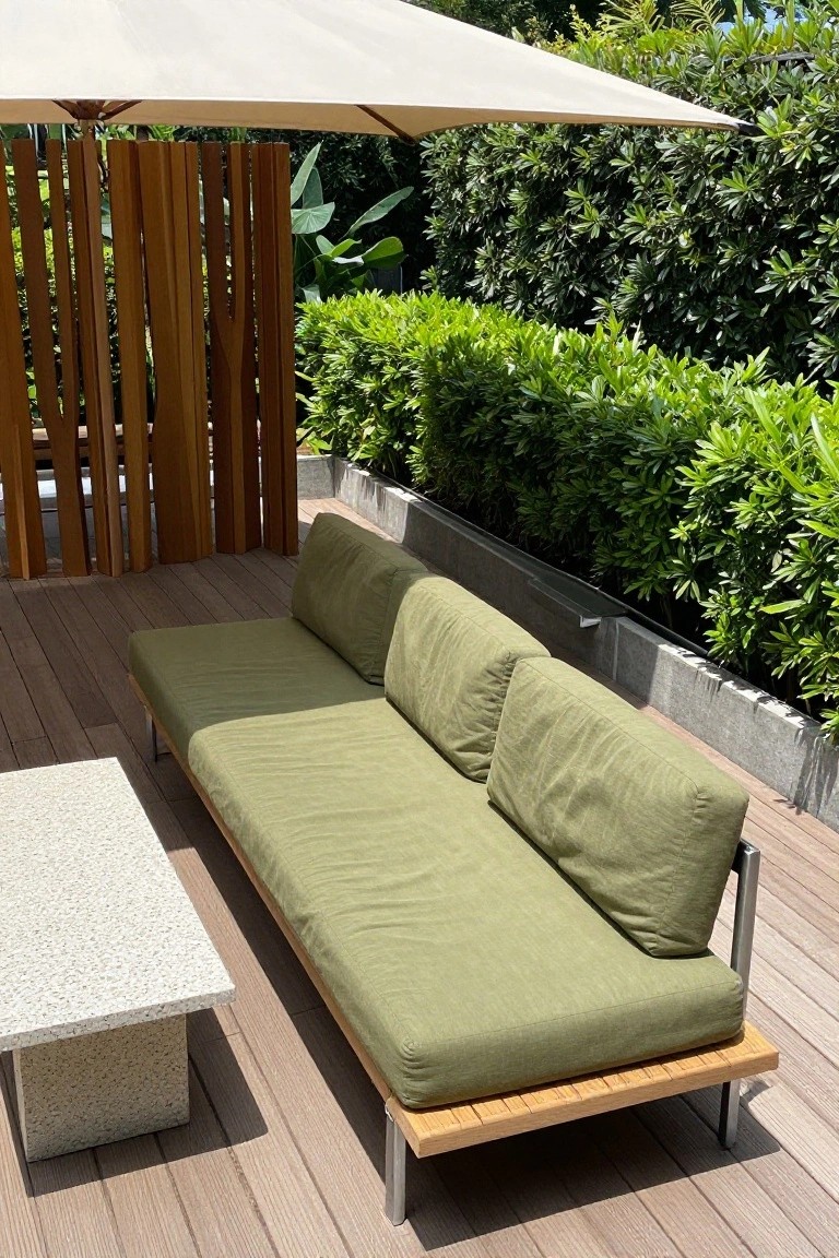 A long low sofa with green cushions on a wooden platform base sits on a deck beside a concrete table, with a white umbrella overhead and green shrubs in the background.