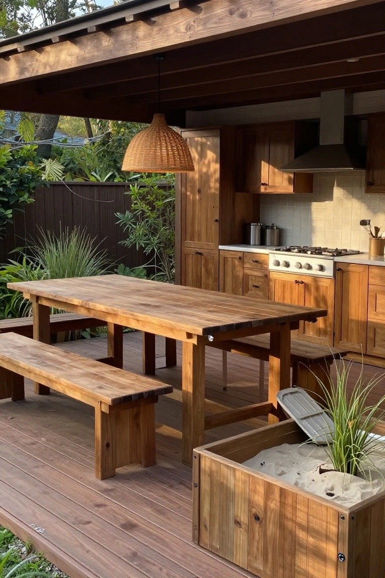 A wooden deck featuring a long dining table with benches, an outdoor kitchen with wooden cabinets and stove, and a sandbox under a pergola.