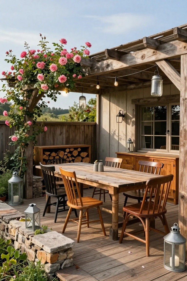 A wooden patio with a dining table and chairs under a pergola covered in pink roses, surrounded by lanterns and a wood pile in the background.