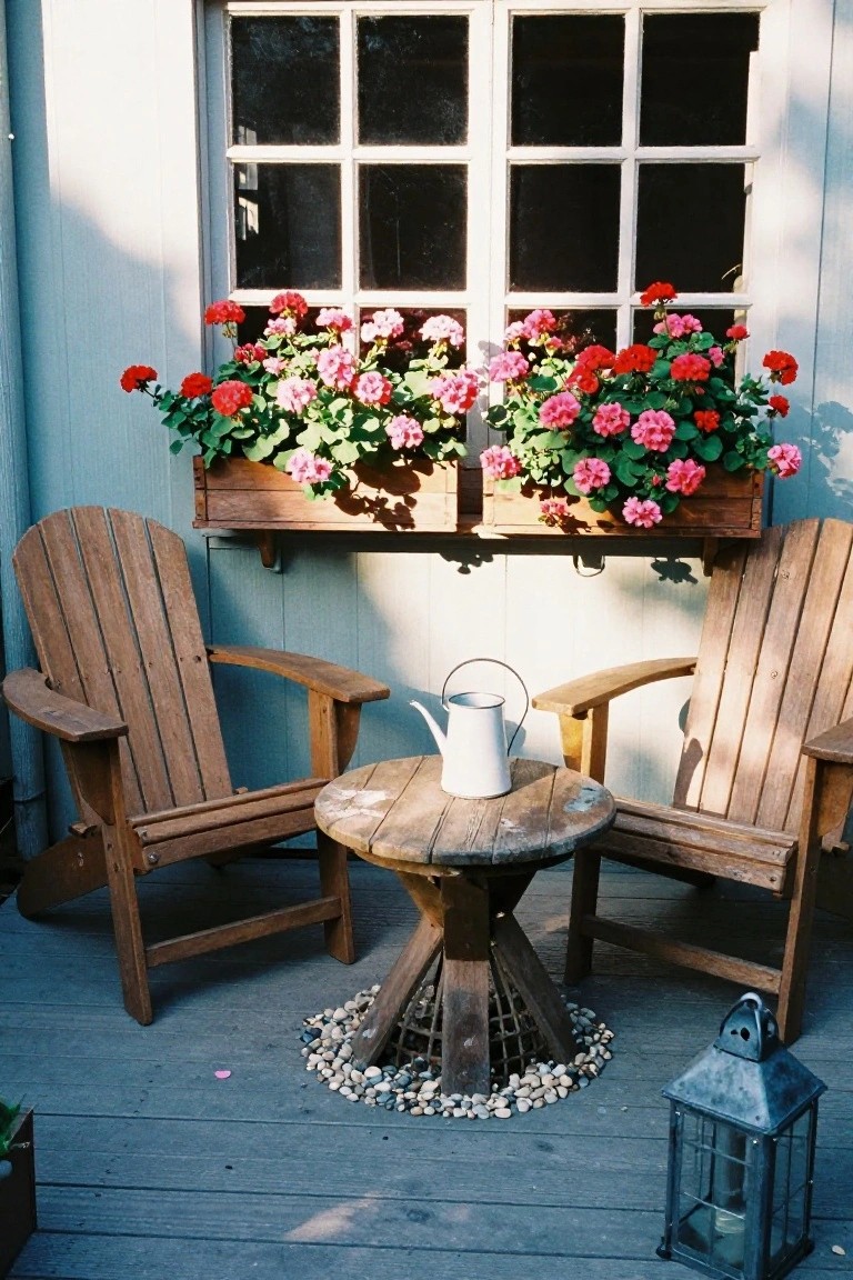 Two wooden Adirondack chairs sit on either side of a small round table on a wooden deck, with flower boxes below a window and a metal lantern nearby.