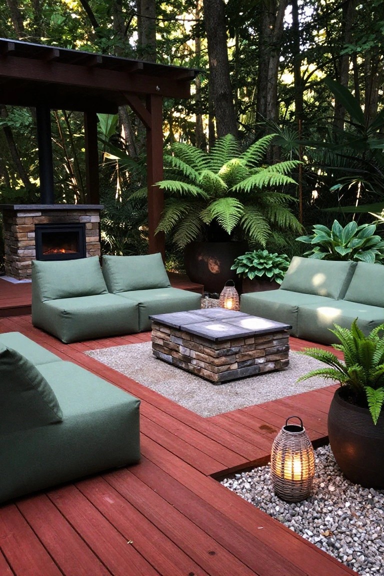 A wooden deck patio with green modular sofas arranged around a stone fire pit table, surrounded by trees and potted plants.