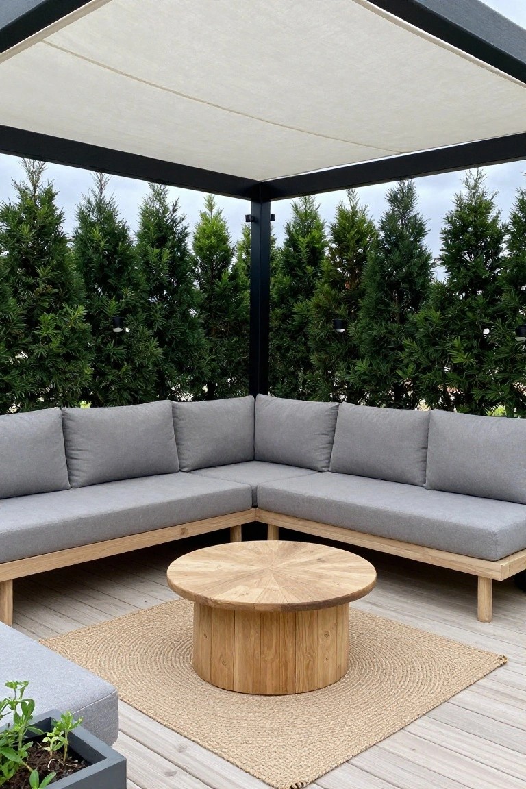 A light wood L-shaped sectional sofa with gray cushions and a round wooden coffee table rest on a woven rug beneath a canopy on a wooden deck, with tall evergreen trees in the background.