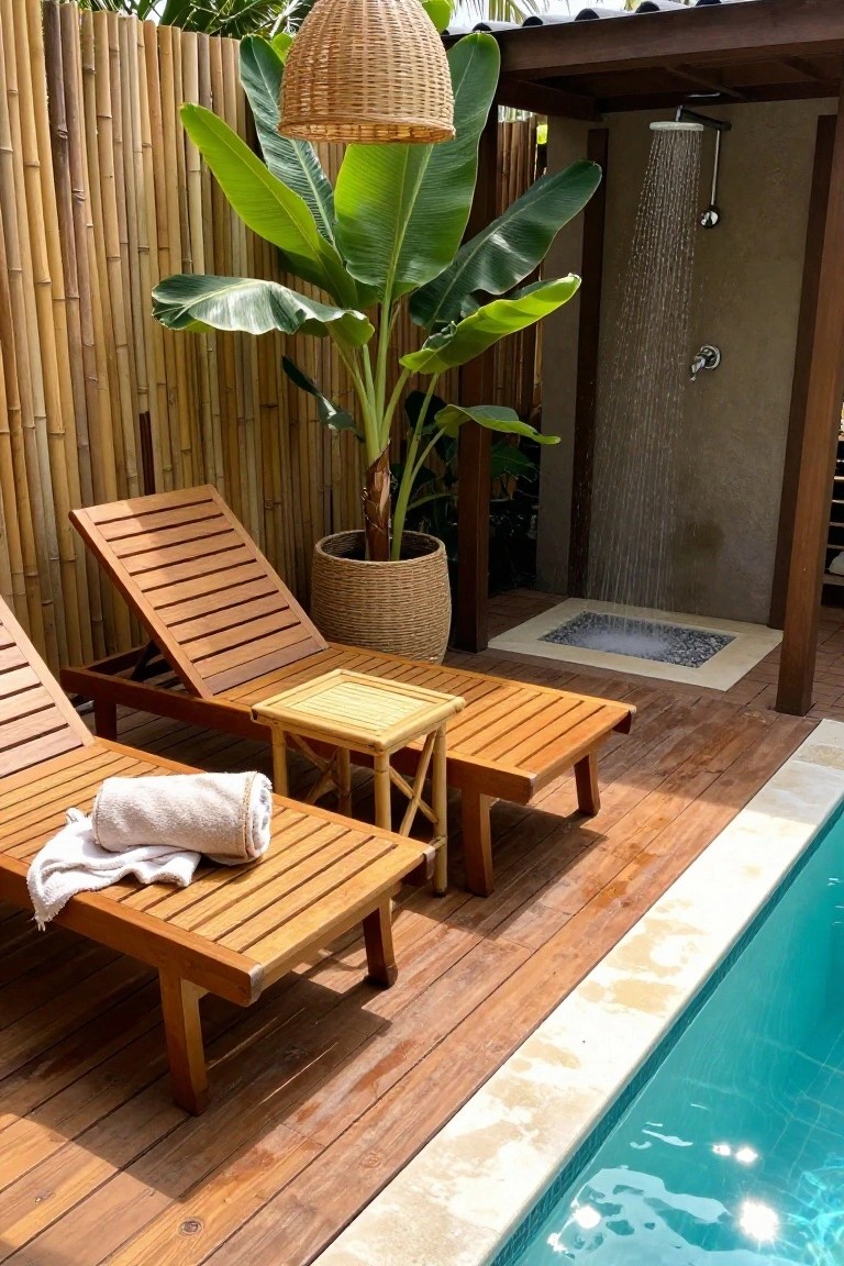 Two wooden lounge chairs with folded towels sit on a wooden deck next to a swimming pool, with a large potted plant and an outdoor shower visible in the background.