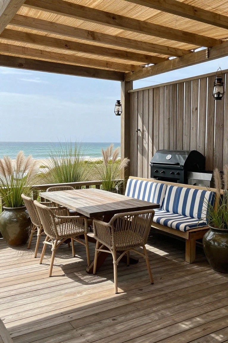 Wooden beachfront patio with dining table, striped bench, grill, and ocean view