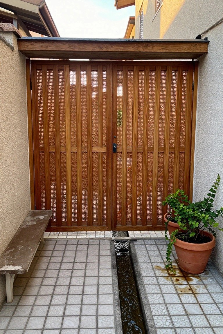 Wooden slatted gate over narrow water channel in tiled alley with plant and bench