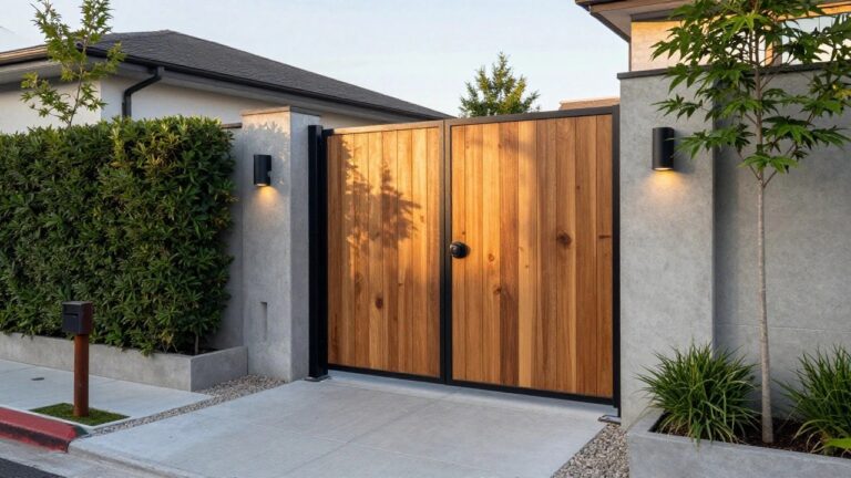 15 Bold Wood and Metal Gate Designs for Contemporary Homes Modern wooden slat gate between concrete pillars with black lights and rusted mailbox