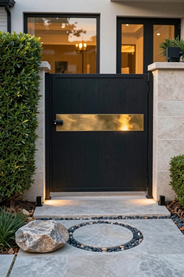A black wooden gate with a wide horizontal brass metal band, set between stone pillars at the entrance of a modern house.