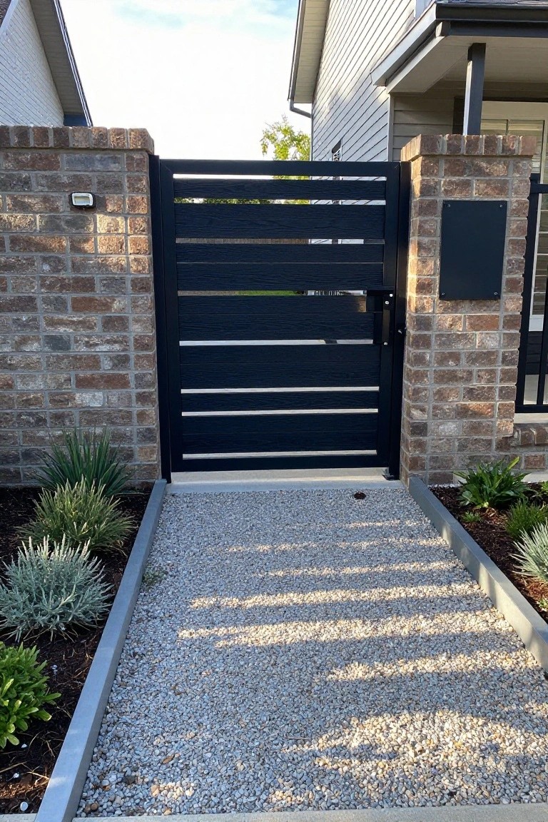 Black horizontal slat gate between brick pillars on gravel path with plants.