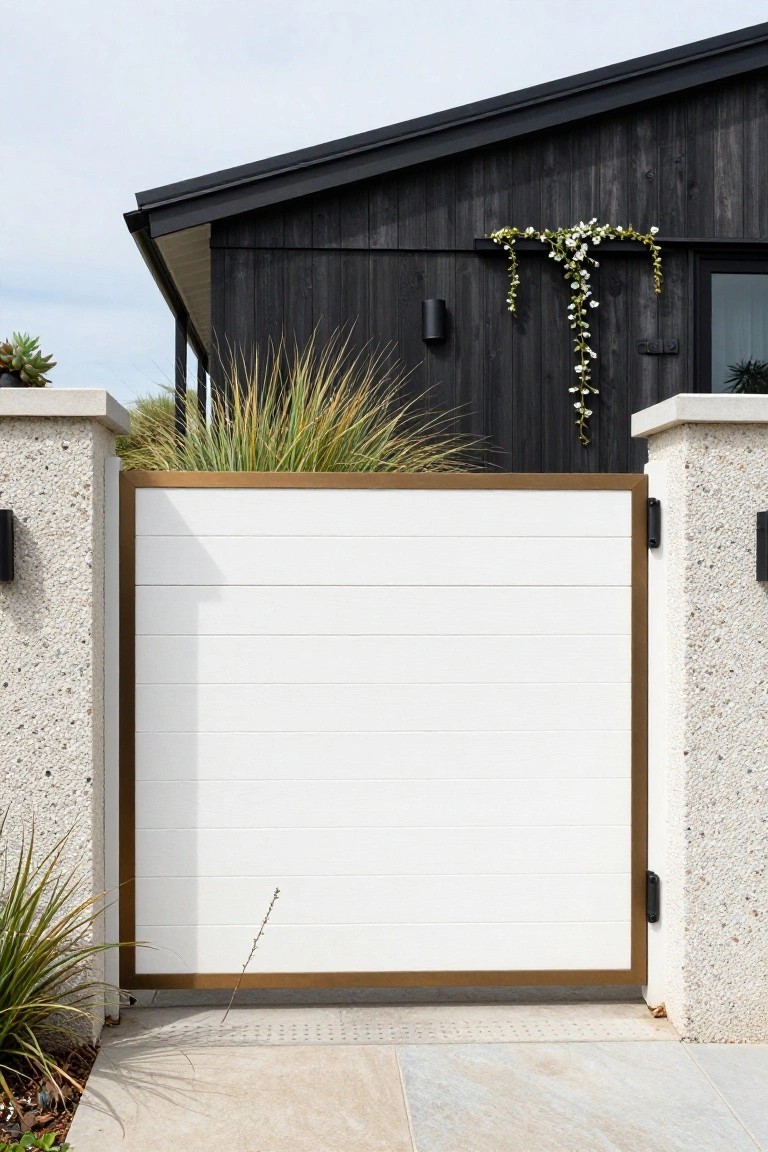 A white horizontal slat gate with a bronze metal frame sits between two concrete pillars in front of a dark wood house.