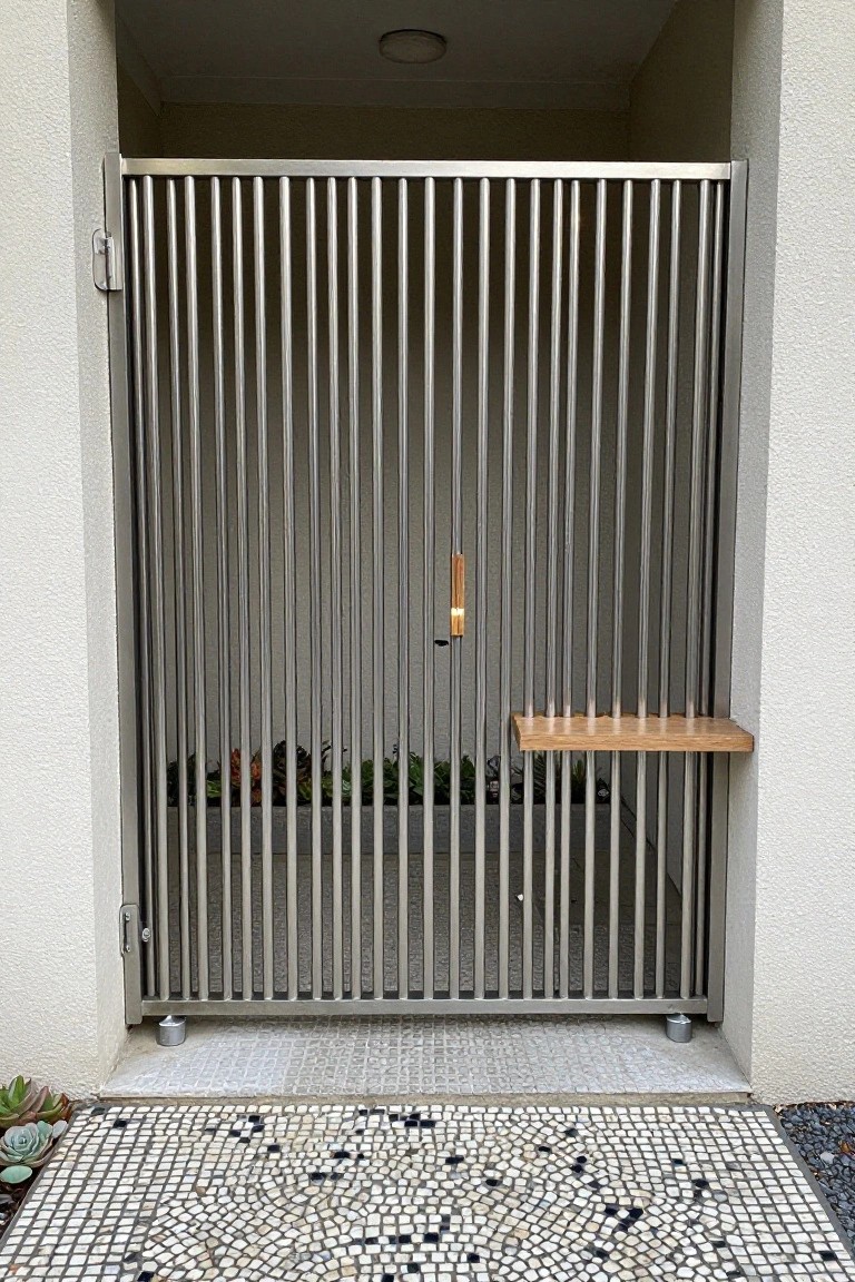 A stainless steel gate with vertical bars has a small wooden shelf on the right side and stands in a concrete entryway with mosaic tile paving in front.