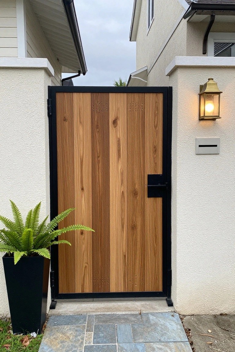 Wooden gate with black frame between white walls, potted fern and lit lantern nearby
