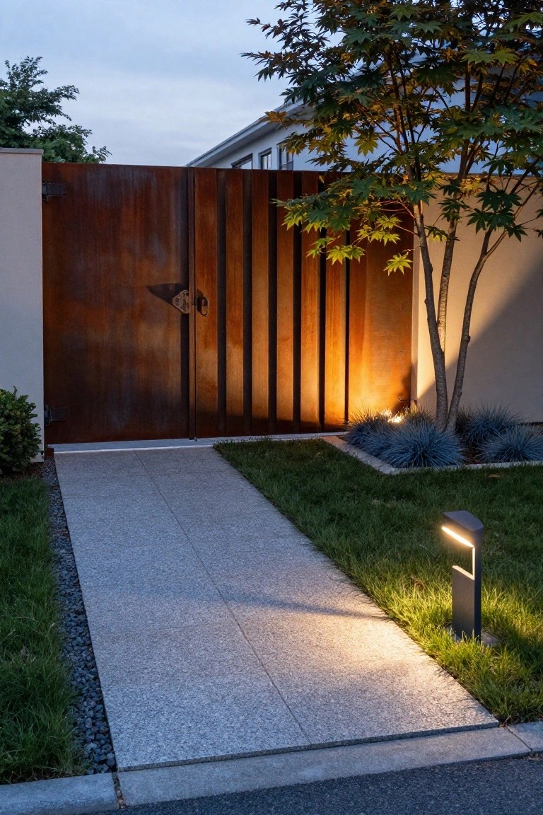 A rusted metal gate with vertical wood slats stands at the end of a concrete path next to grass and low blue plants.