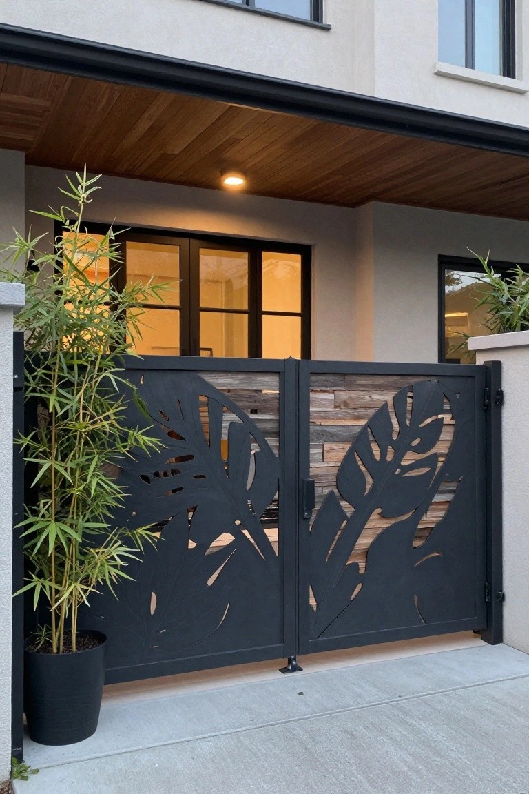 A black metal double gate with large leaf-shaped cutouts revealing wood panels behind it, set in front of a modern house with a potted bamboo plant on the left.