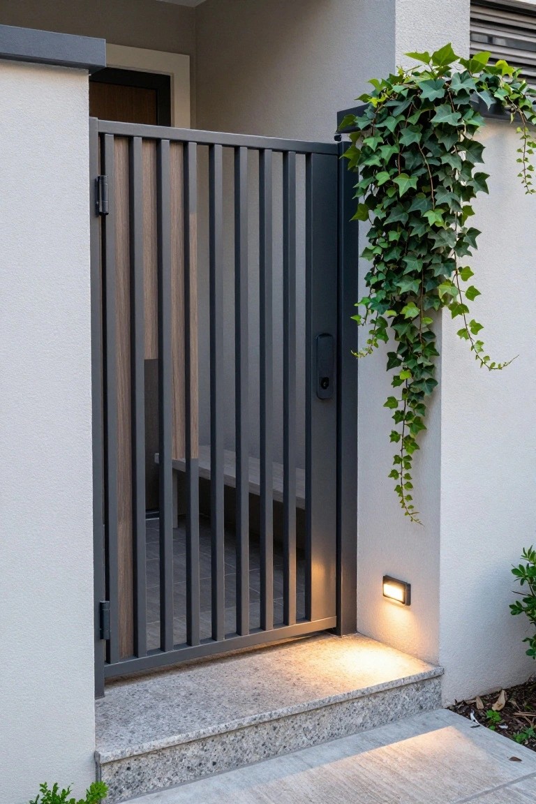 A contemporary gate with vertical dark metal slats and wood accents stands at a home entrance above concrete steps, with ivy growing on the adjacent wall.