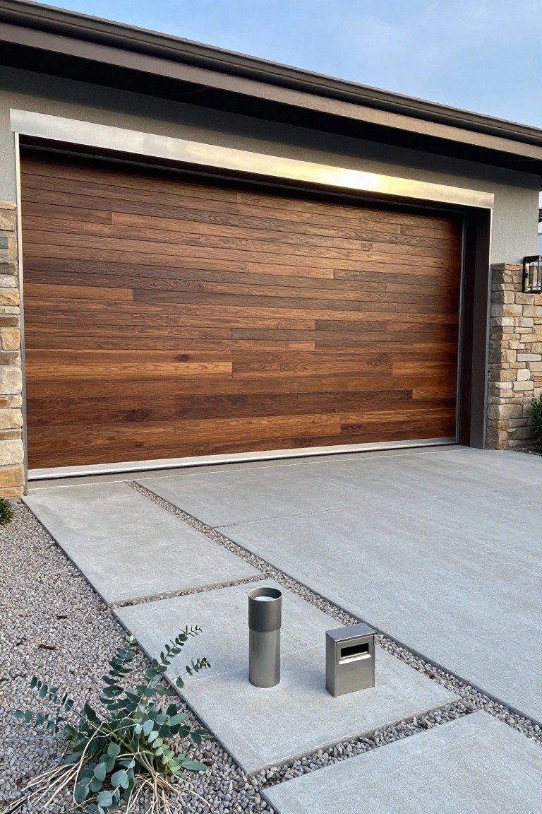 Modern wooden garage door above concrete driveway with metal pathway lights and pavers