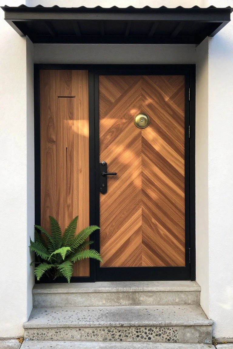 Modern double doors with herringbone wood pattern, black frame, and fern on steps