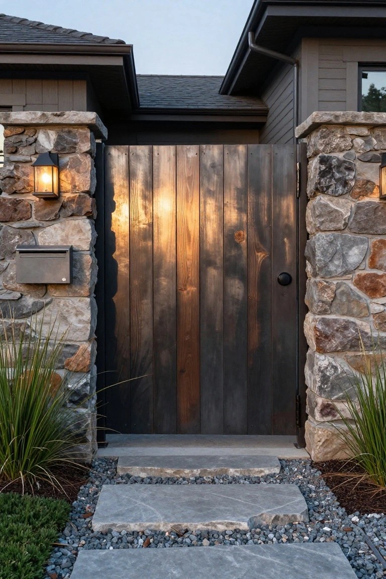 A dark wood gate with vertical planks stands between two stone pillars, with stone steps and gravel leading up to the entry.