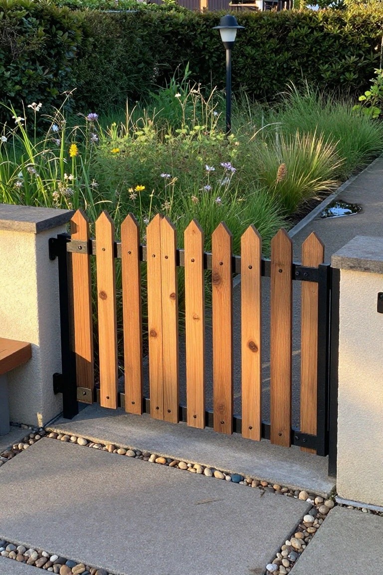 A wooden picket gate with vertical boards and black metal frame and hinges is set between concrete pillars beside a stone path and garden bed.
