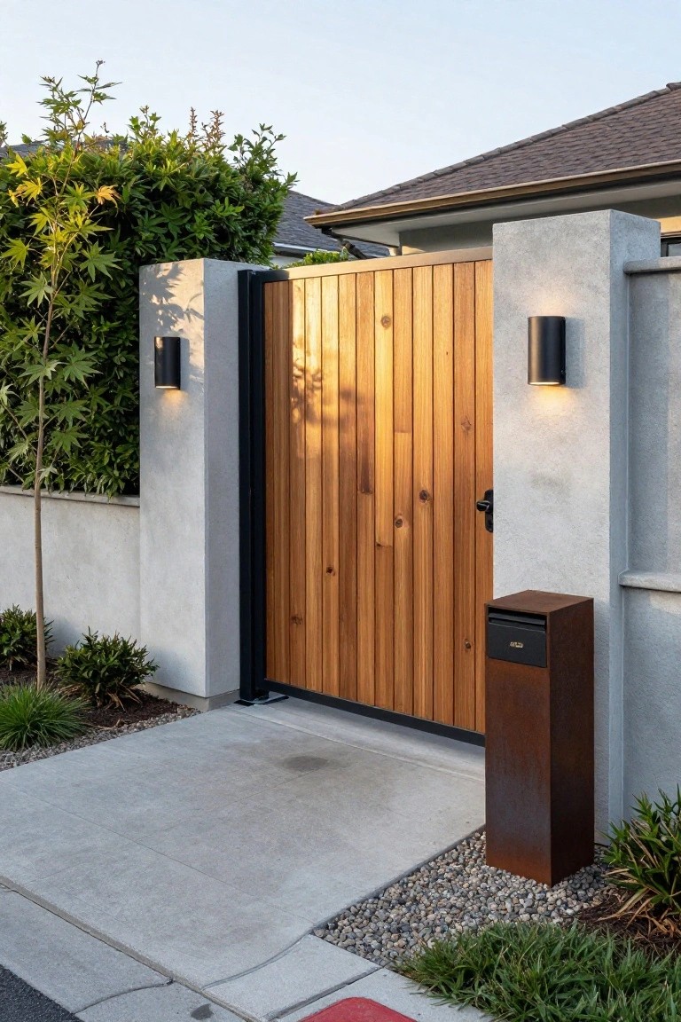 Modern wooden slat gate between concrete pillars with black lights and rusted mailbox