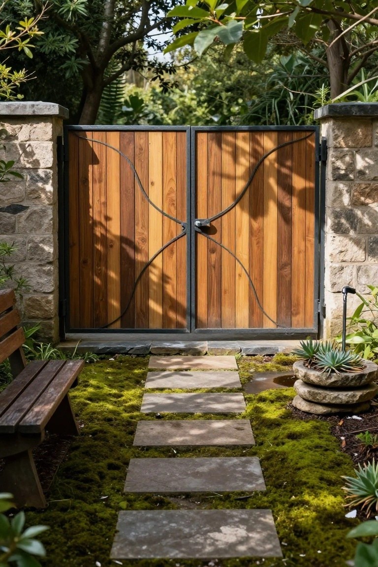 A double wooden gate with curved black metal accents is set between stone pillars at the end of a stepping stone path through mossy ground.